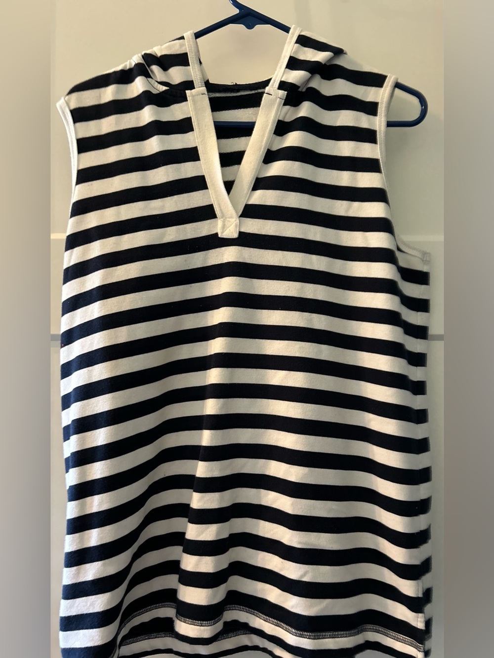 Sleeveless Hooded Navy and White Striped V-Neck Swimsuit cover up